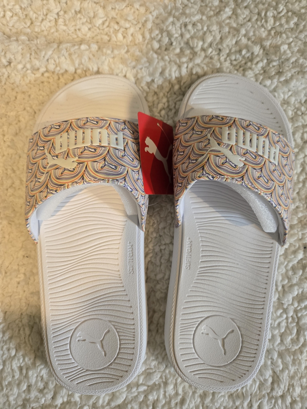 Puma White Slide Sandals with Patterned Strap